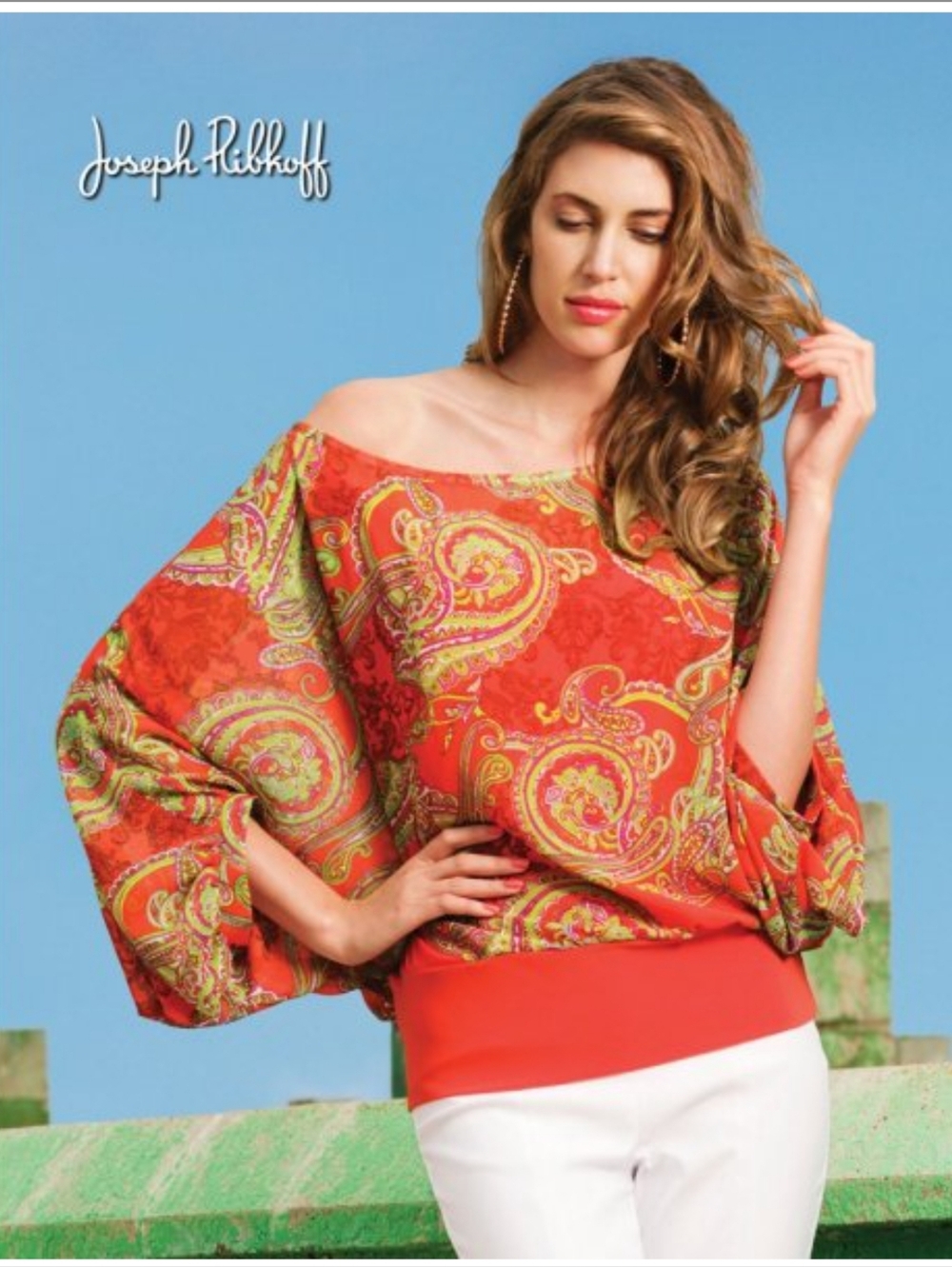 Joseph Ribkoff Orange Paisley Off-Shoulder Blouse